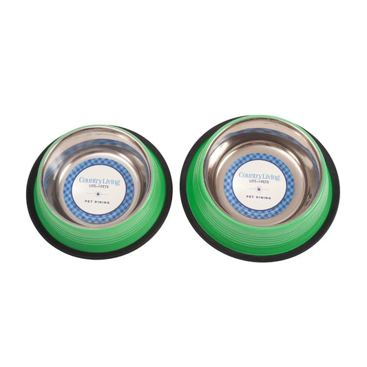 Country Living ribbed non-slip pet bowls set of 2, green with stainless steel interior on Tampa Home & Garden Store
