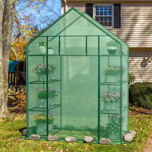 Portable 4-Tier Walk-In Plant Greenhouse in green mesh with metal frame and shelves on Tampa Home & Garden Store