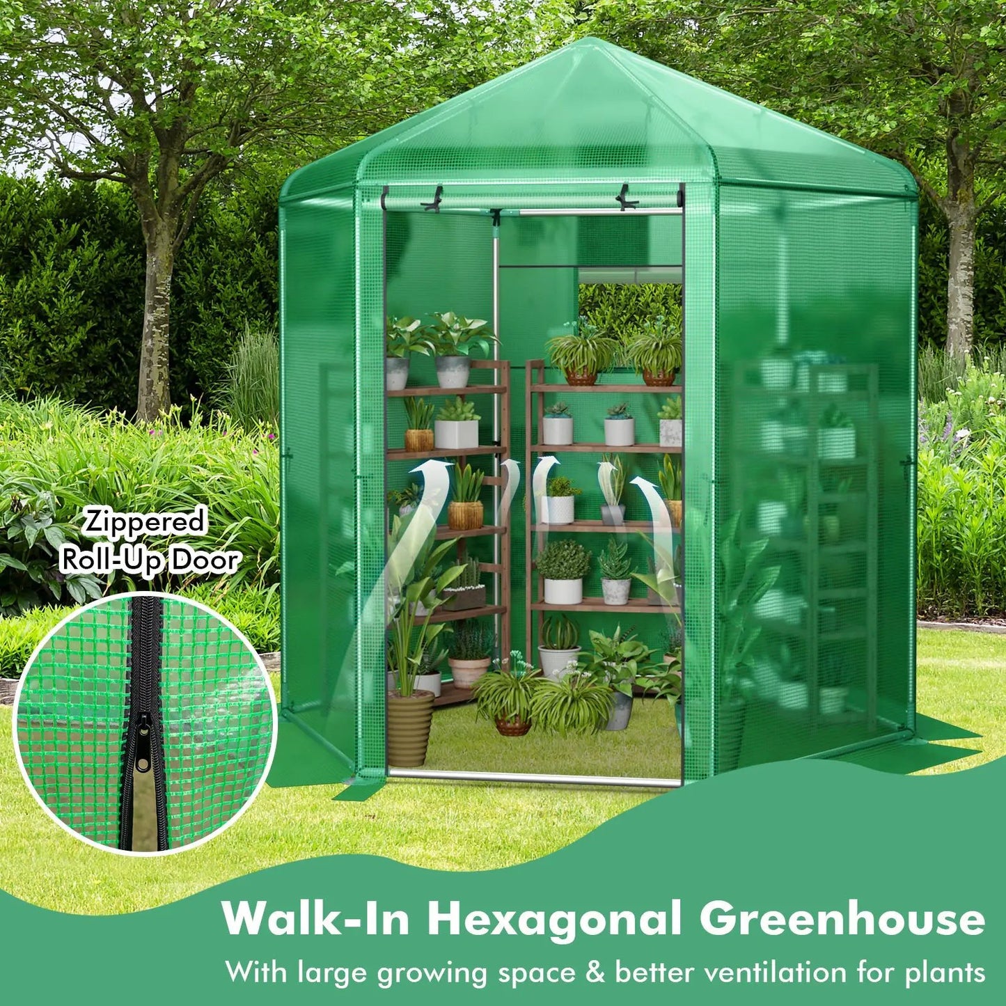 DirectDeals Walk-In Hexagonal Greenhouse with green PE cover zippered door on Tampa Home & Garden Store