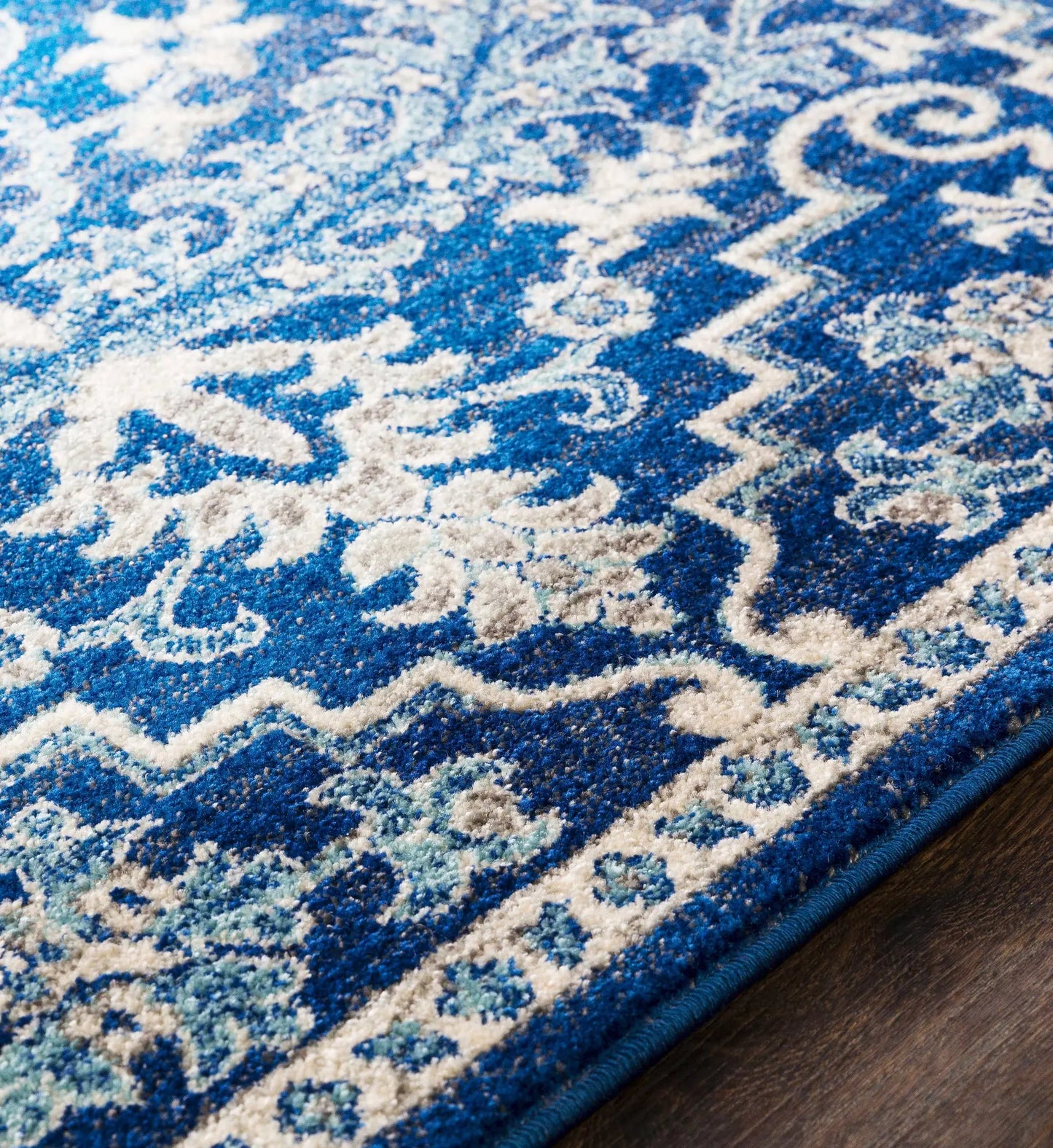 Blue Bodrum Area Rug in teal and navy medallion pattern with plush pile Boutique Rugs on Tampa Home & Garden Store