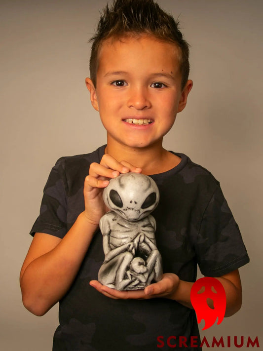 Grey Alien Monster Embryo sculpture by SCREAMIUM; Halloween collectible prop on Tampa Home & Garden Store