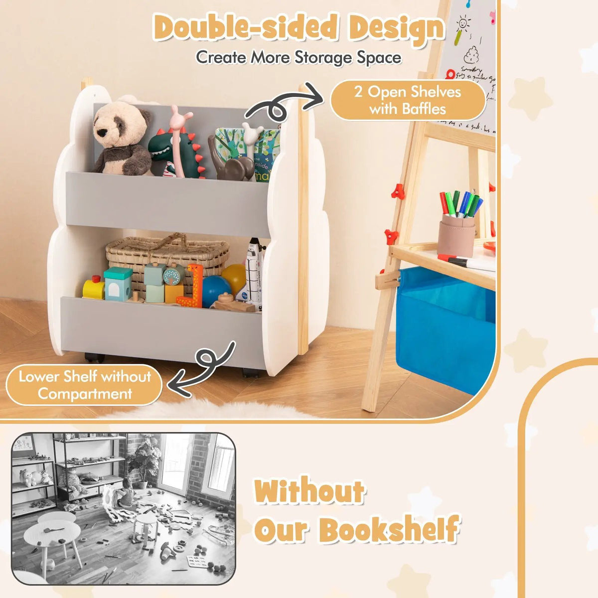 Kids Wooden Bookshelf with Universal Wheels, with 2 grey open shelves on casters DirectDeals on Tampa Home & Garden Store