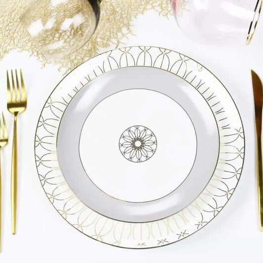 Sultana dinner plates set of 4 with gold pattern and white porcelain on Tampa Home & Garden Store