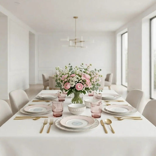 Pink and Gold Dinnerware Set 16 Pieces by little white dish on white table with pink glassware on Tampa Home & Garden Store