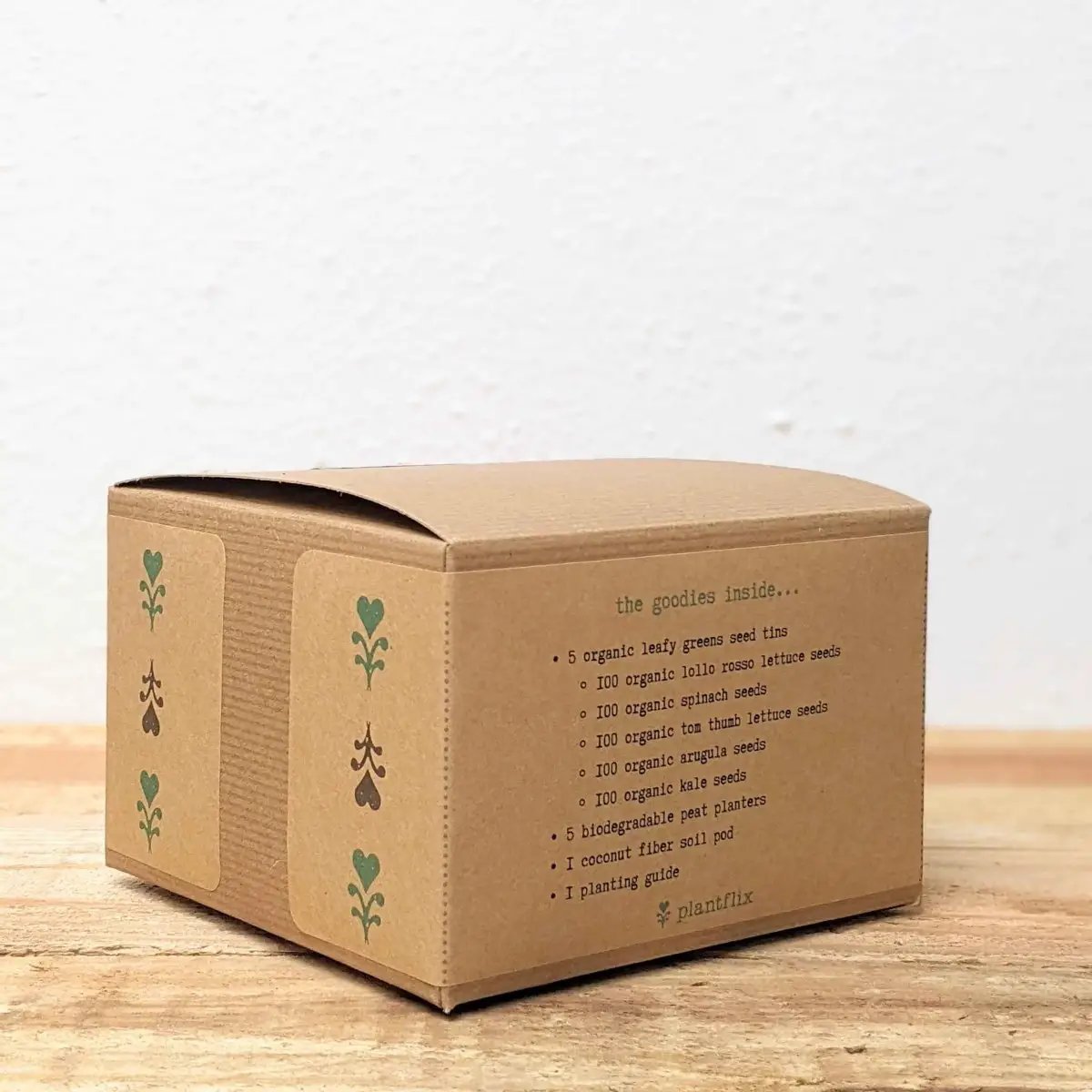 Grow a Veggie Garden Leafy Greens Seed Kit Plantflix in a cardboard box with green plant icons on Tampa Home & Garden Store