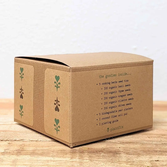 Herb seeds kit box Plantflix brown box with basil, thyme, oregano, cilantro seeds and peat pots on Tampa Home & Garden Store
