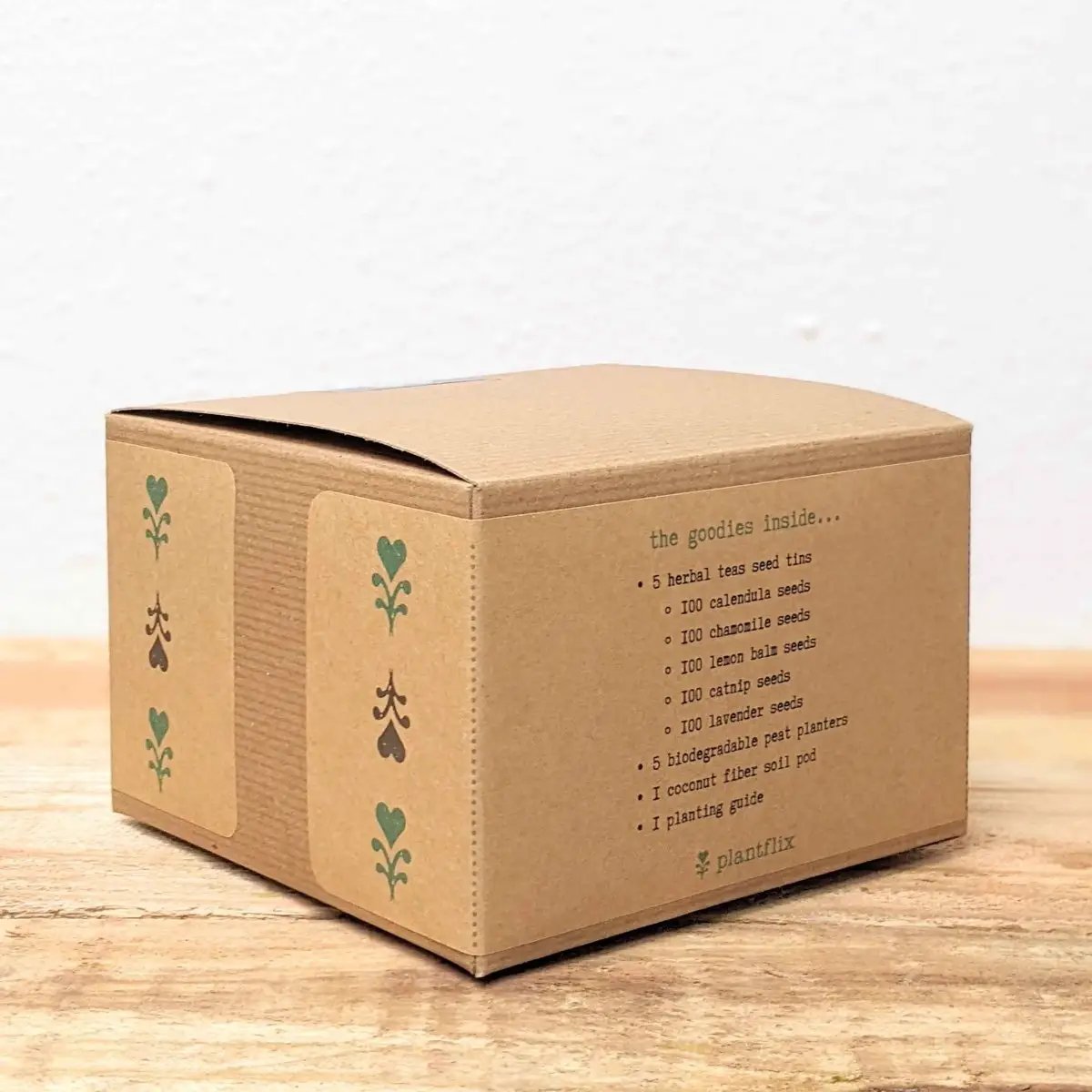 Grow an Herb Garden Herbal Teas Seed Kit by Plantflix, box with herb icons and contents on Tampa Home & Garden Store