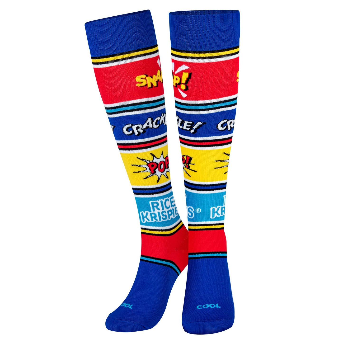 Rice Krispies compression knee socks with bold blue red yellow comic print (2-pack) on Tampa Home & Garden Store