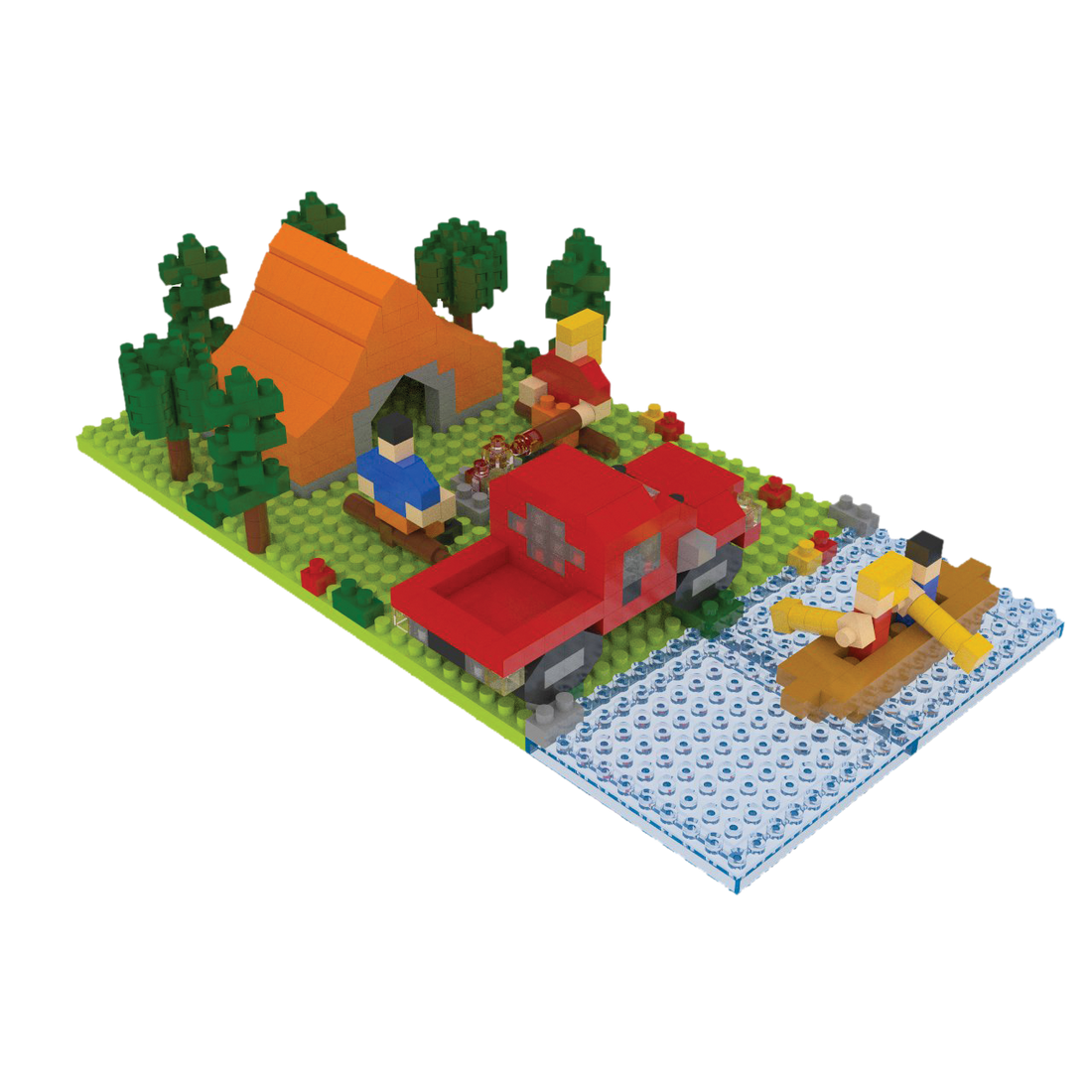 Mini Building Blocks Camping Set: orange tent, red vehicle, river boat among trees on Tampa Home & Garden Store
