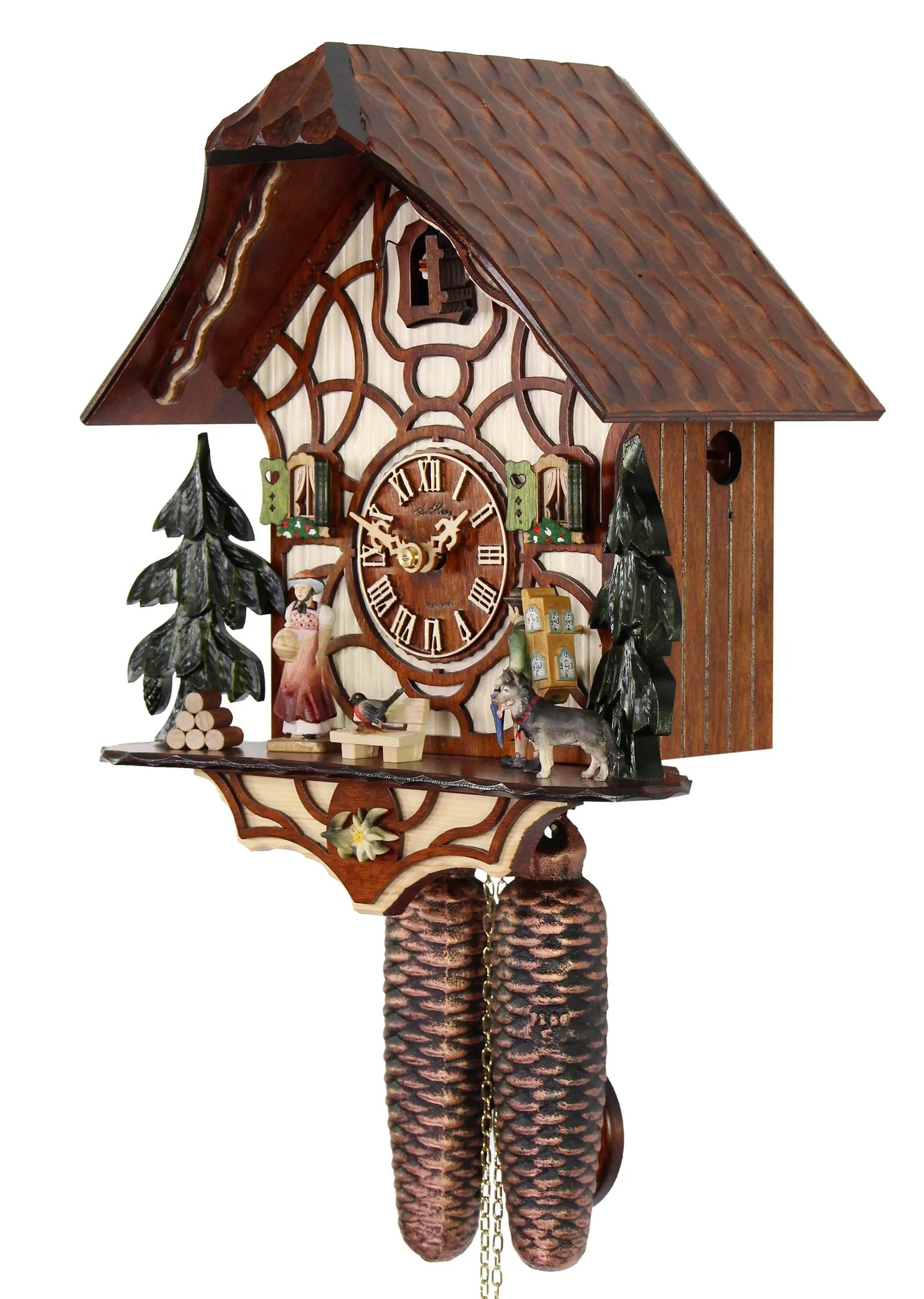 Black Forest cuckoo clock German-made with carved wood facade and Roman dial pinecone weights on Tampa Home & Garden Store