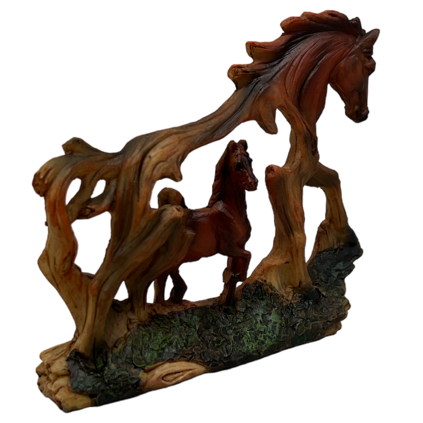 Brown wooden horse figurine with two entwined horses in a graceful form on a rocky base on Tampa Home & Garden Store