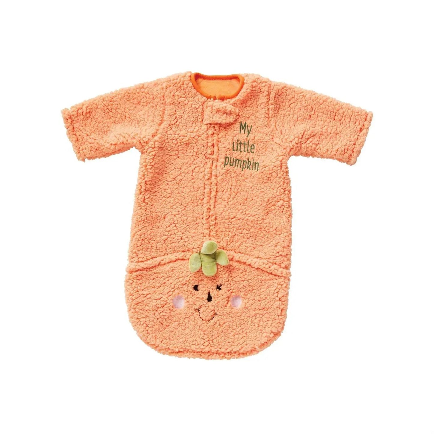 Baby pumpkin cozy bag onesie in peach plush fleece with embroidered My little pumpkin and leaf accents on Tampa Home & Garden Store