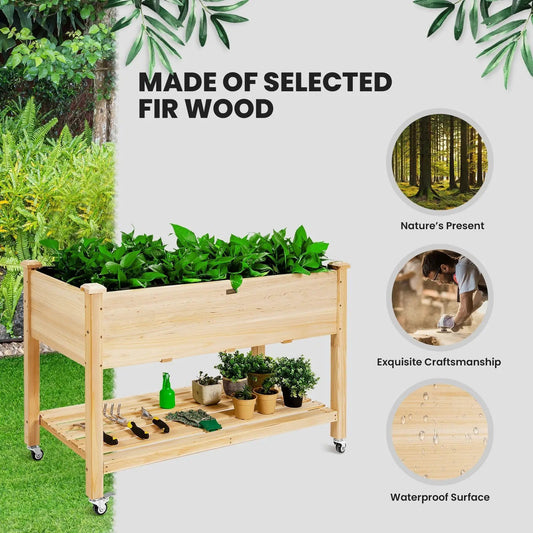 Wood Elevated Planter Bed with Lockable Wheels Shelf and Liner - Tampa Home & Garden Store