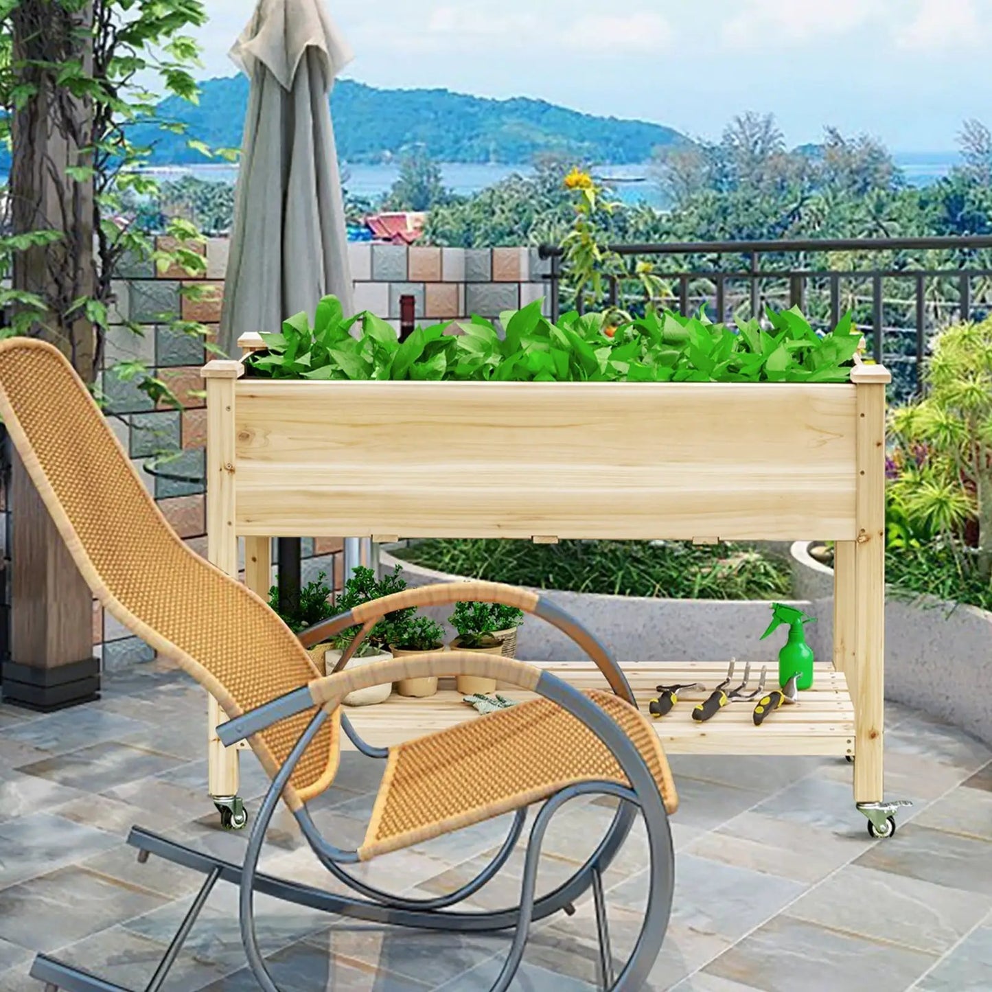 Wood elevated planter bed with lockable wheels, natural wood raised garden bed on a patio on Tampa Home & Garden Store