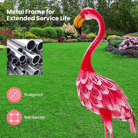 Two-piece pink flamingo garden statue set for lawn display with rustproof reinforced metal frame on Tampa Home & Garden Store