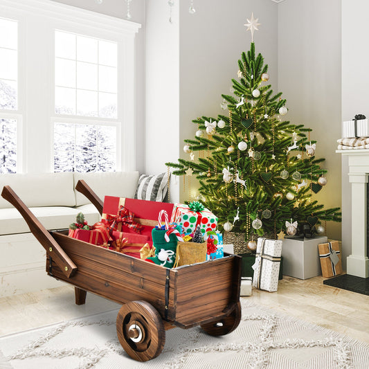 Wooden Wagon Planter Box with Wheels Handles and Drainage Hole-Rustic Brown - Tampa Home & Garden Store