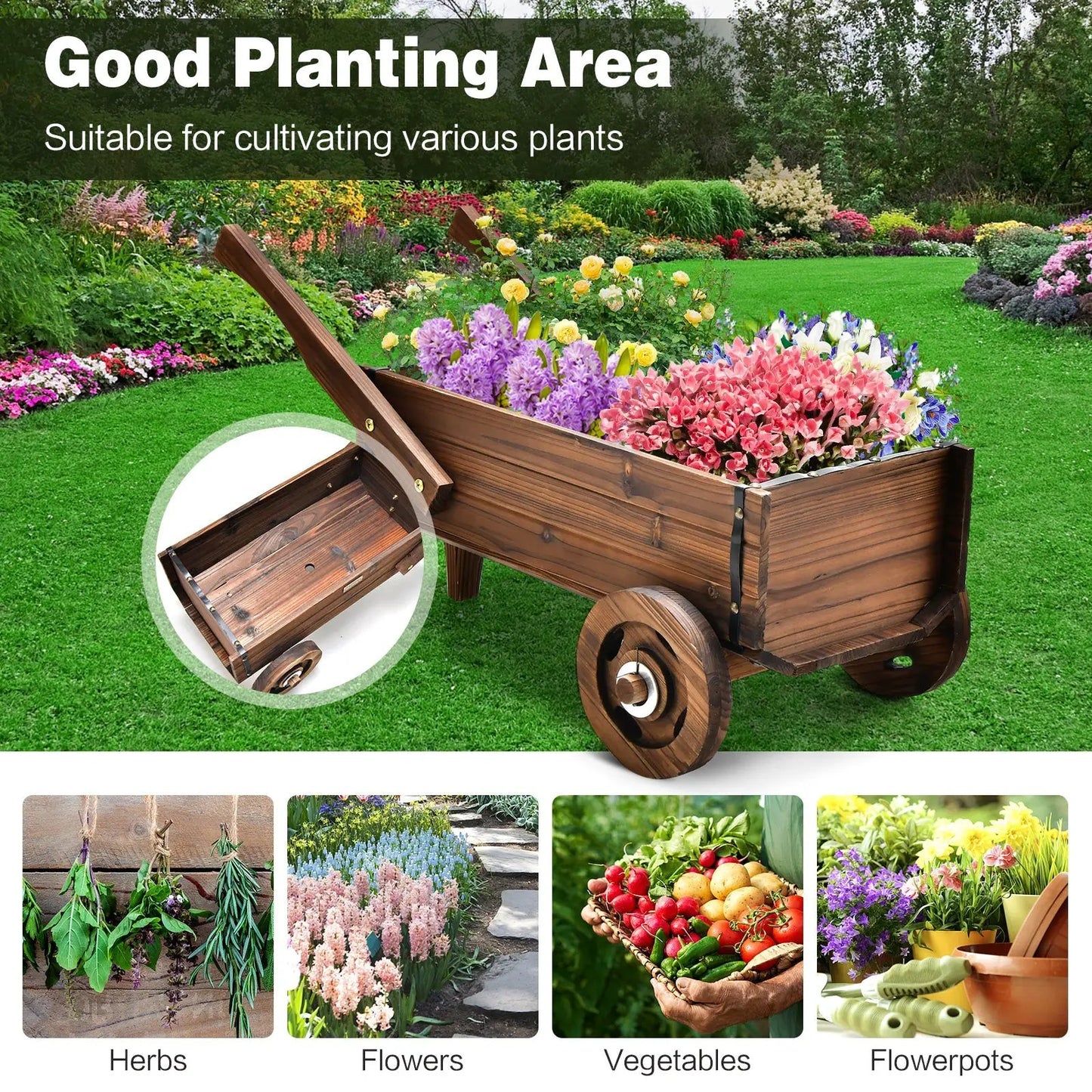 Wooden wagon planter box with wheels and handles in brown, DirectDeals raised bed on Tampa Home & Garden Store
