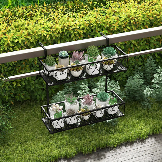 Flower Pot Holder with Adjustable Hooks black metal multi-tier planter rack with white pots on Tampa Home & Garden Store