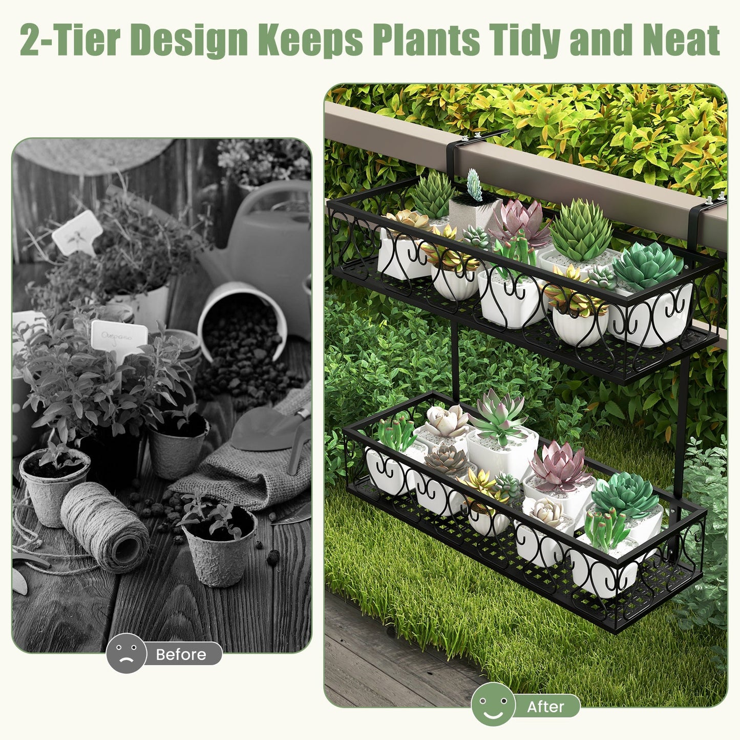 Flower pot holder with adjustable hooks, 2-tier black iron rack succulents DirectDeals on Tampa Home & Garden Store