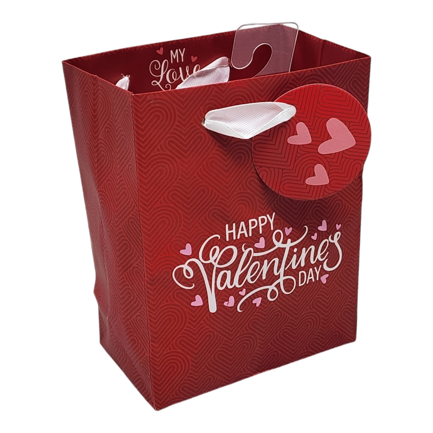 Valentine gift bag red with swirl pattern and pink hearts, reads Happy Valentine’s Day on Tampa Home & Garden Store