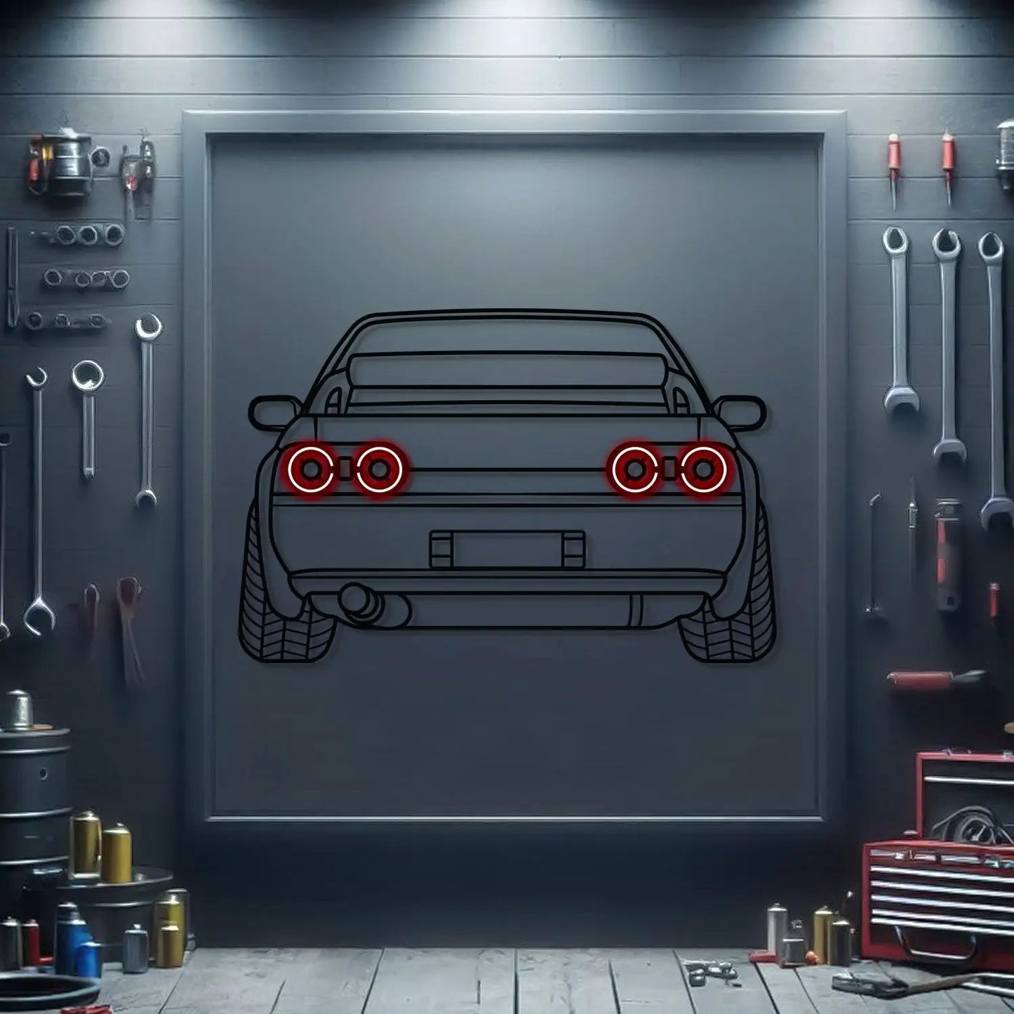 Gt-R R32 back metal neon car wall art by Modello Turbo, black with red taillights on workshop on Tampa Home & Garden Store