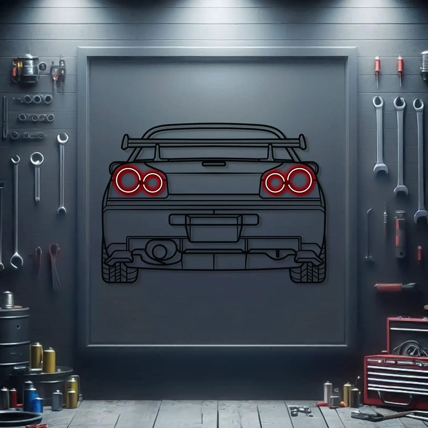 GT-R R34 Back View Metal Neon Wall Art by Modello Turbo, red neon taillight rings on garage door on Tampa Home & Garden Store