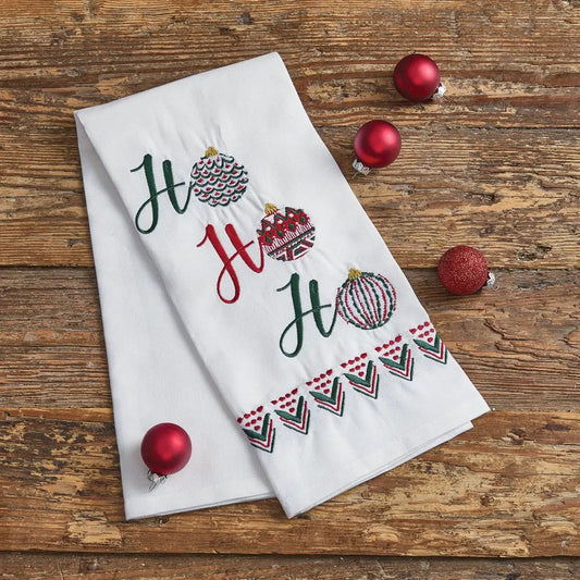 Winter Moment Embroidered Dishtowel, white towel with green and red HO HO HO ornaments on Tampa Home & Garden Store