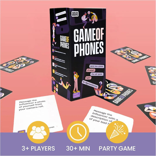 Game of Phones card game box by Solid Roots with bold white title on pink backdrop; 3+ players on Tampa Home & Garden Store