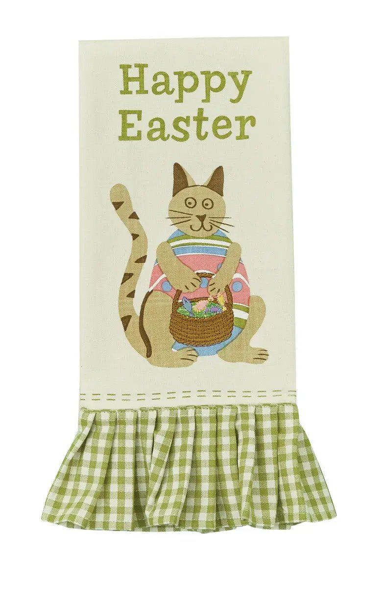 Easter Cat Embroidered Dishtowel cream background with green gingham ruffle border on Tampa Home & Garden Store