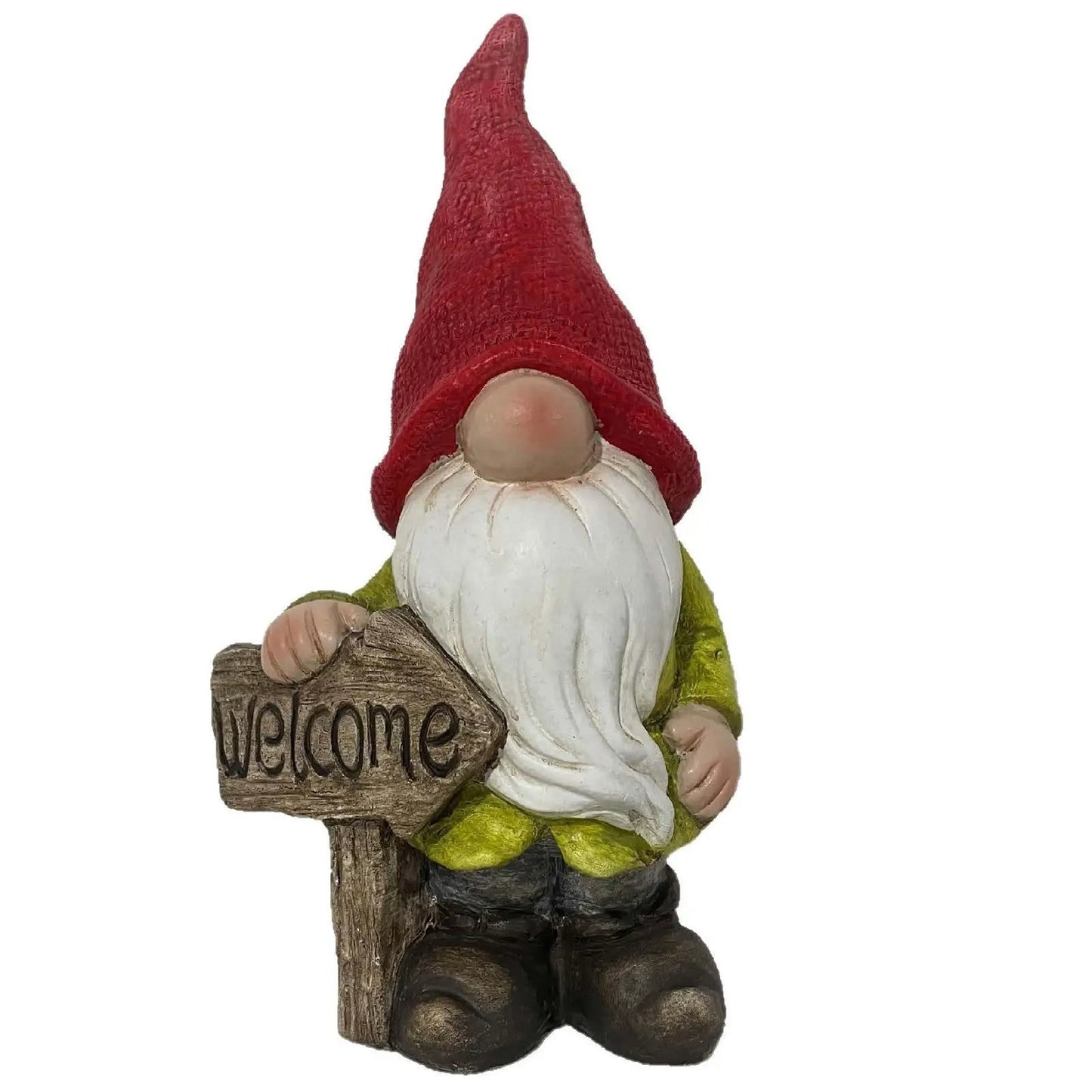 11.5-inch resin welcome gnome figurine with red hat and white beard, holding a wooden sign on Tampa Home & Garden Store