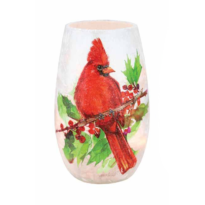 Jarrón iluminado con pájaros de invierno - 3,25 x 3,25 x 5,25 - Cardenal