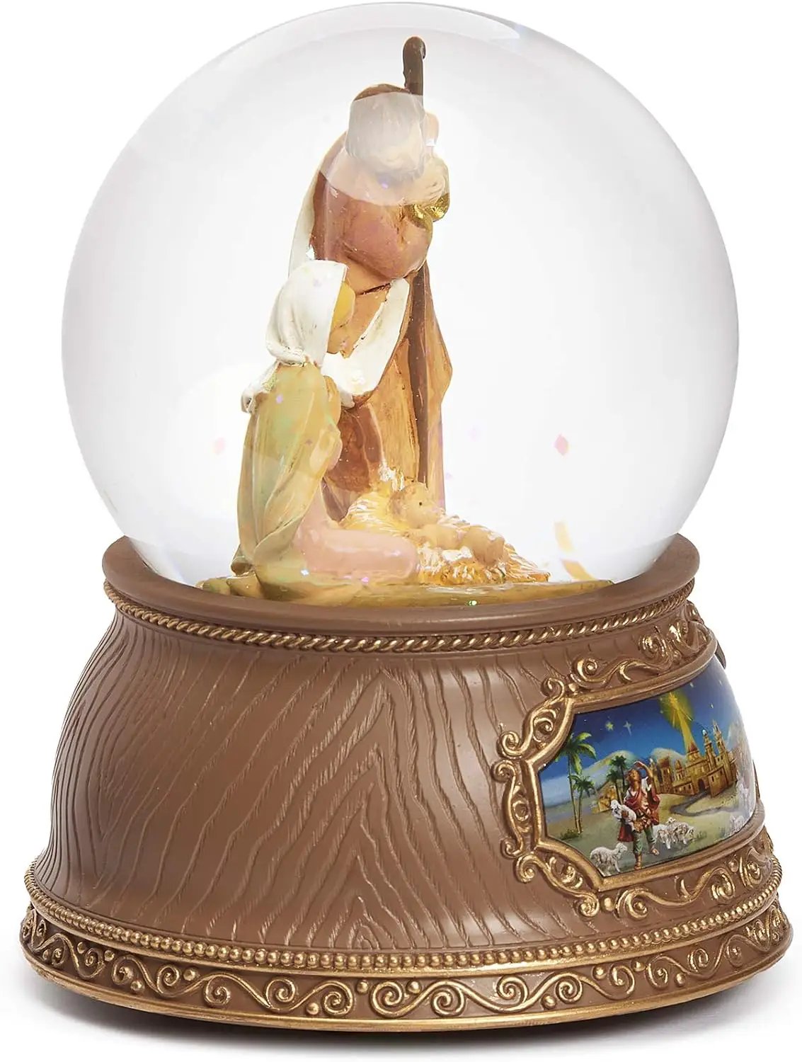Musical nativity glitterdome snow globe with glass waterglobe on ornate brown base on Tampa Home & Garden Store