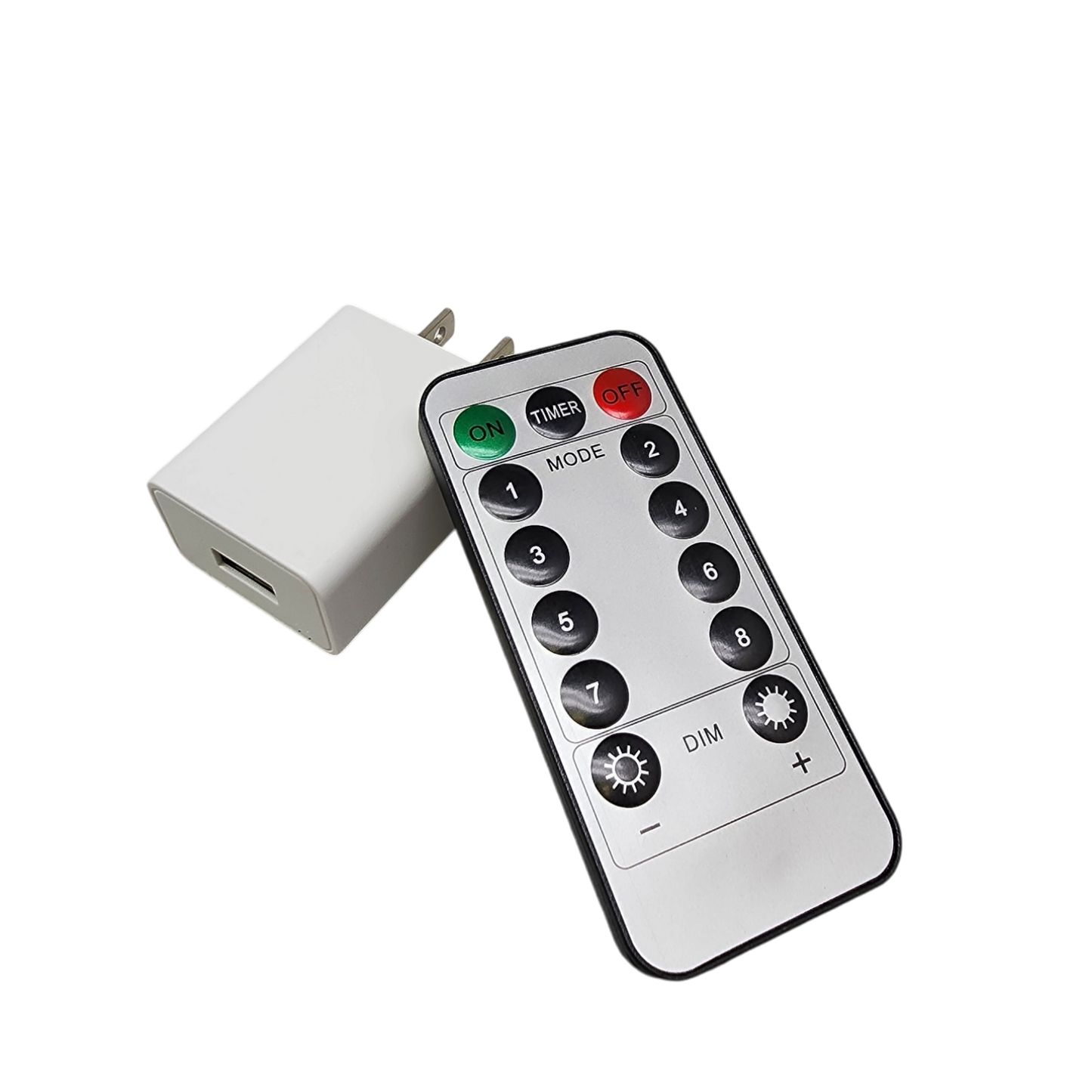 Remote control with green ON, red OFF, TIMER, numeric keys; USB adapter in background on Tampa Home & Garden Store