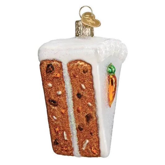 Carrot Cake Ornament glass slice with white frosting and brown cake layers, carrot detail on Tampa Home & Garden Store