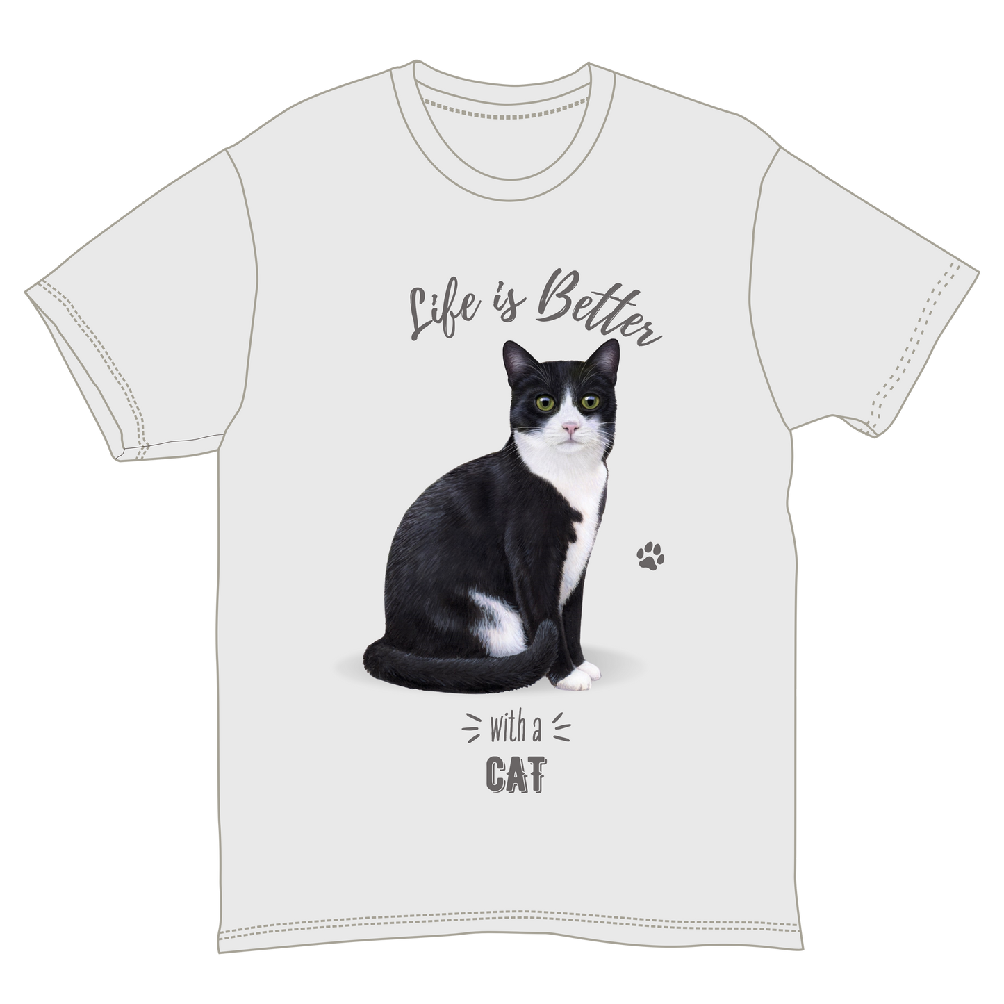 La vie est plus belle avec un t-shirt à motif chat noir et blanc -
