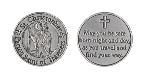 Patron Saint Token charm, silver-tone St Christopher; blessing on back on Tampa Home & Garden Store