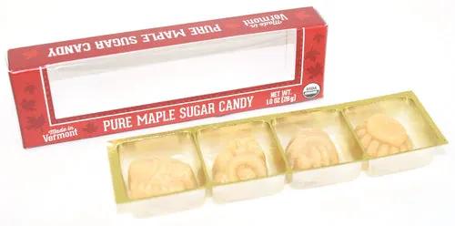 Pure Maple Sugar Candy Pocket Pack Deluxe with four pale candies in a red and clear blister box by The Country Christmas Loft on Tampa Home & Garden Store