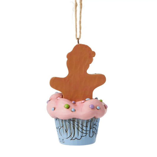 Gingerbread cupcake ornament by Jim Shore with pink frosting and sprinkles on blue liner on Tampa Home & Garden Store