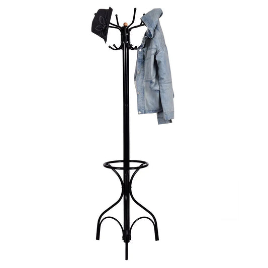 Vintage black metal coat hat tree stand with circular base and hooks; denim jacket and hat on Tampa Home & Garden Store