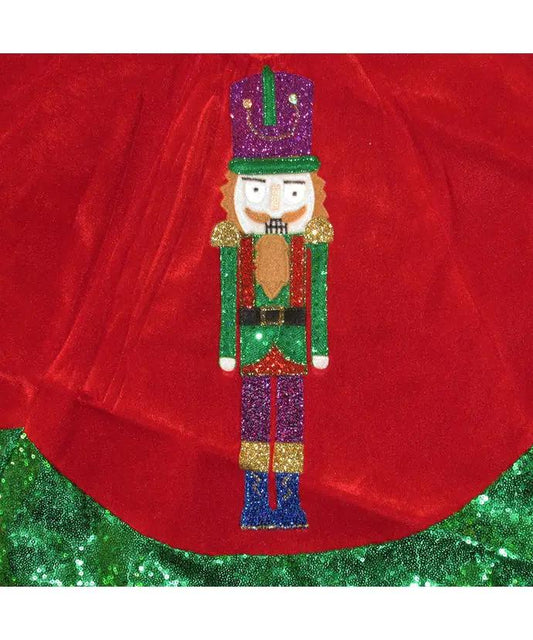 48 Inch Velvet Nutcracker Tree Skirt with glittery nutcracker motif on red velvet fabric on Tampa Home & Garden Store