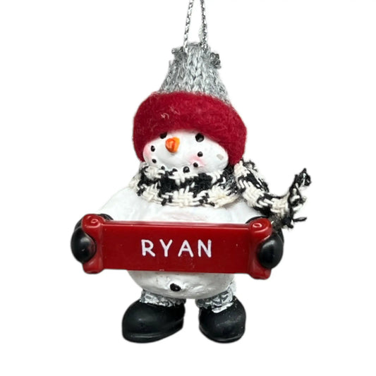 Cozy Snowman Ornament with Letters G to R on red sled, white figure, red hat on Tampa Home & Garden Store