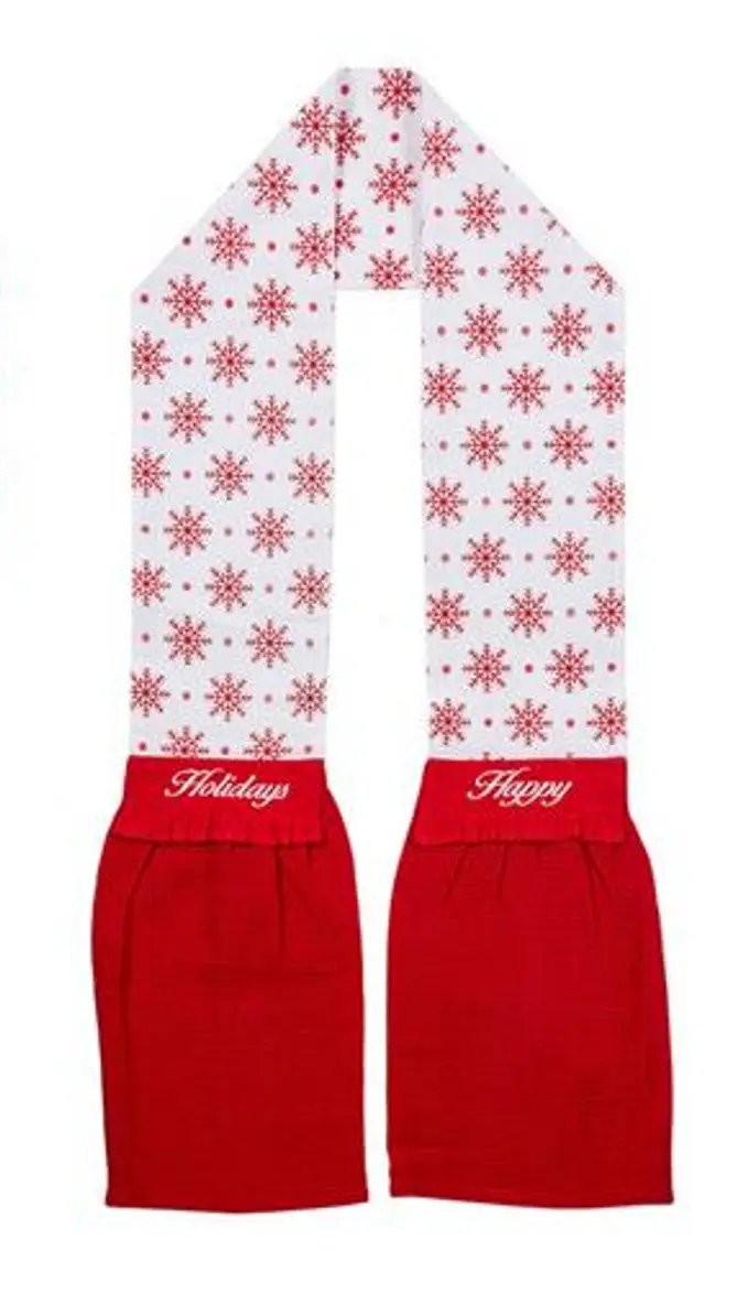 Christmas kitchen scarf with white snowflakes and red ends scripted Holidays and Happy by Loft on Tampa Home & Garden Store