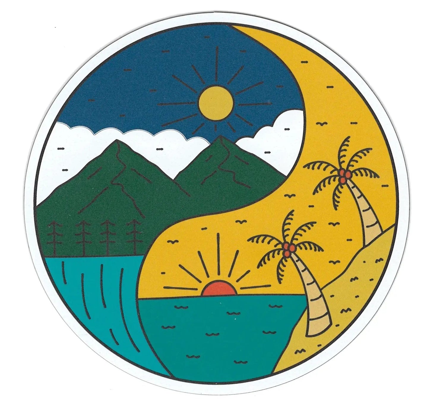 Large Yin Yang Nature Magnet with Mountain Beach round design featuring mountains and palm trees on Tampa Home & Garden Store