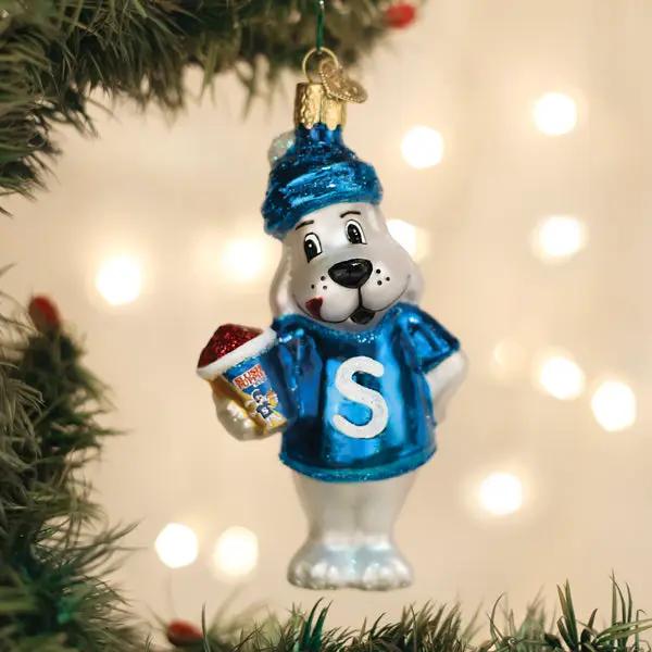 Slush Puppy Glass Ornament blue hoodie dog with slush cup, The Country Christmas Loft on Tampa Home & Garden Store