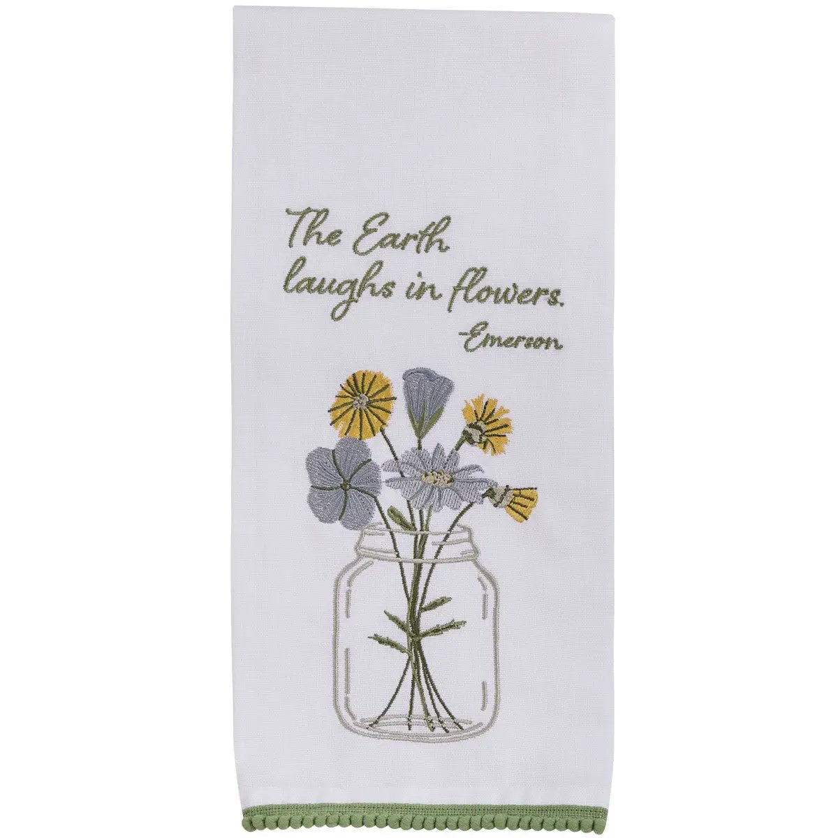 Earth Laughs In Flowers dish towel with bouquet in jar white cotton towel on Tampa Home & Garden Store