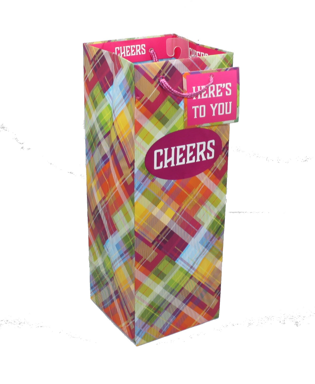 Cheers wine bottle gift bag plaid with gift tag Here's to You by The Country Christmas Loft on Tampa Home & Garden Store