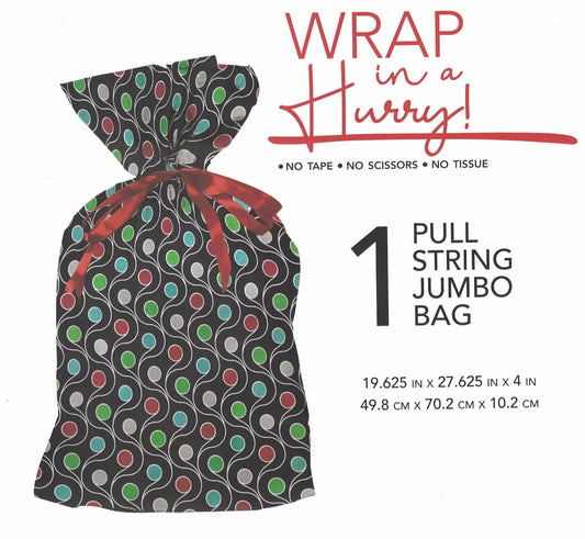 Jumbo pull-string gift bag with swirls, dark background, colorful dots and red drawstring on Tampa Home & Garden Store