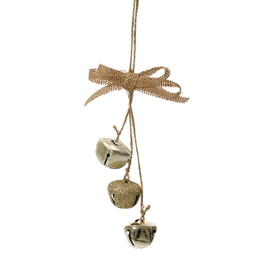Jingle Bell Ornaments with Burlap Ribbon, trio of metal bells in silver and gold-tone on twine on Tampa Home & Garden Store