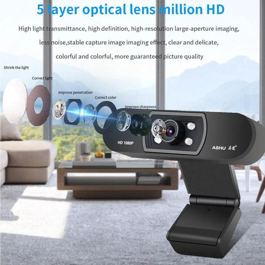 Stevvex H800 HD Webcam black USB camera 1080P with built-in microphone; ASHU logo visible on Tampa Home & Garden Store