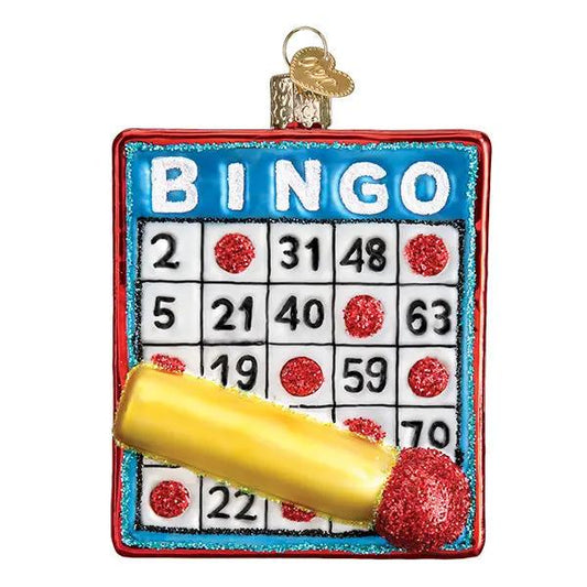 Bingo Glass Ornament Card with Numbers, blue grid and red accents on Tampa Home & Garden Store